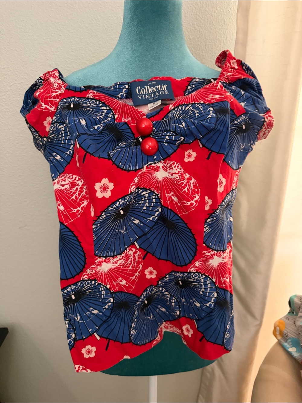 Collectif Dolores Red & Blue Floral Cap-Sleeve Top Sz UK 12/ us M